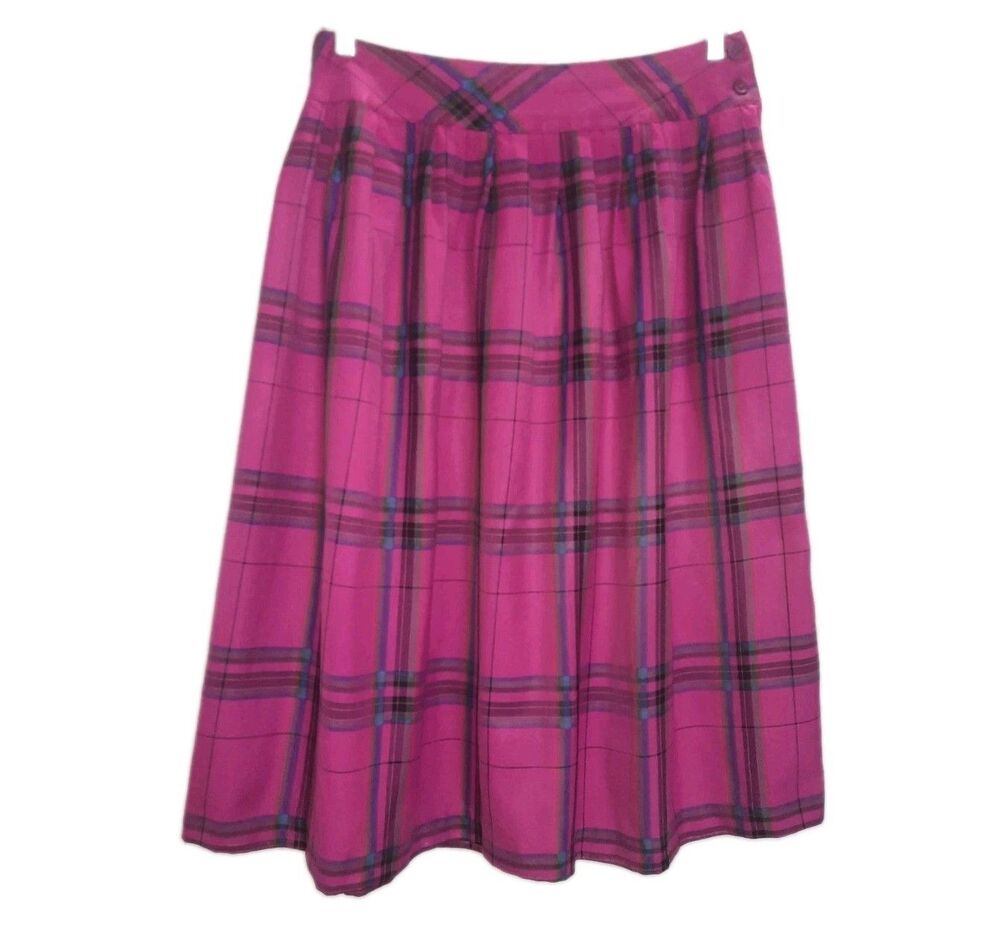 Vintage Karen Scott Plaid Midi Skirt Sz 16 Magenta Purple Black Pleated 80s 90s